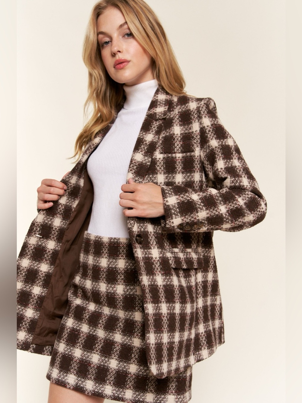 And The Why Full Size Plaid Brushed One Button Blazer